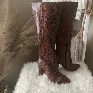 Brown Snake-Print Over-the-Knee Boots with Pointed Toe